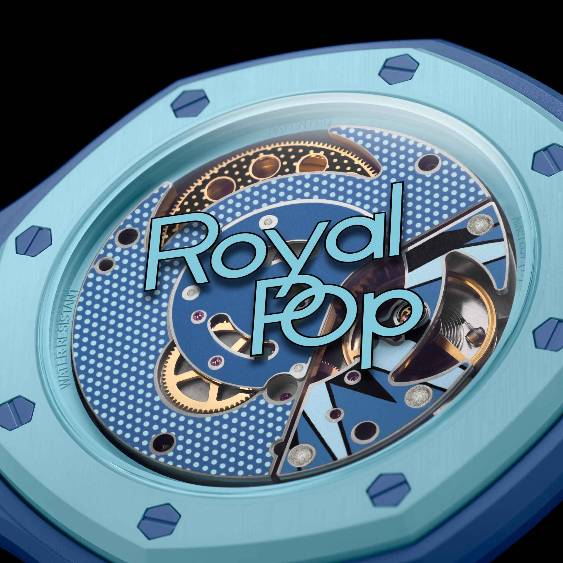Détail lunette Royal Pop Làn Ba — vis hexagonales bleu profond, lunette bleu clair, inscription Royal Pop, couronne à 3h