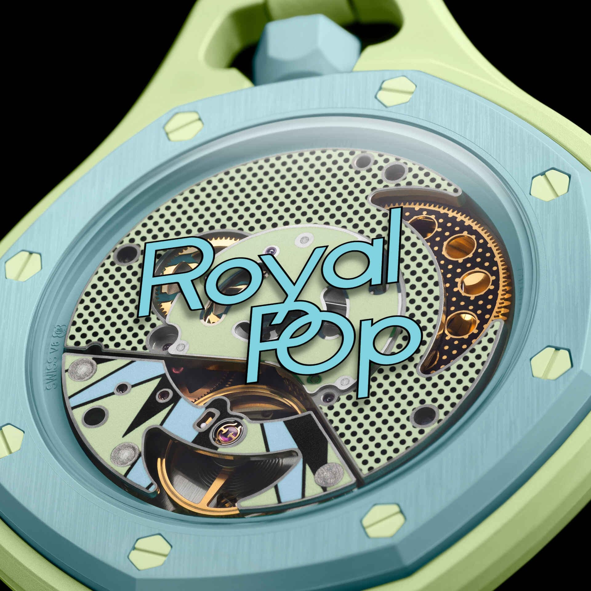 étail lunette Royal Pop Blaue Acht — huit vis hexagonales vert lime, inscription Royal Pop, fond saphir décoré Pop Art