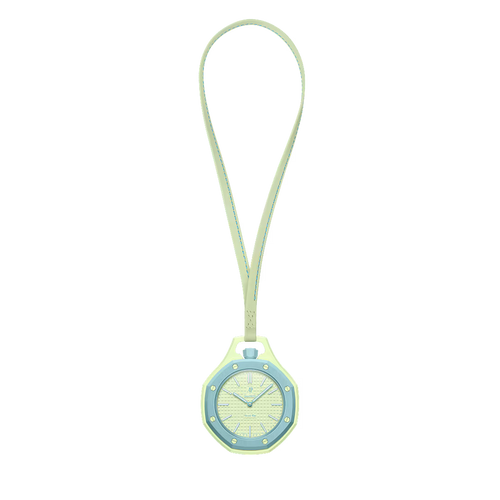 Montre de poche Royal Pop Blaue Acht vue de face — cadran Petite Tapisserie vert lime, lunette octogonale bleu clair, cordon cuir de veau vert