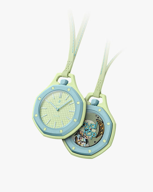 Royal Pop Blaue Acht Swatch x Audemars Piguet — vue face et dos, boîtier Bioceramic vert lime, lunette bleu clair, fond saphir mouvement Pop Art, cordon cuir vert