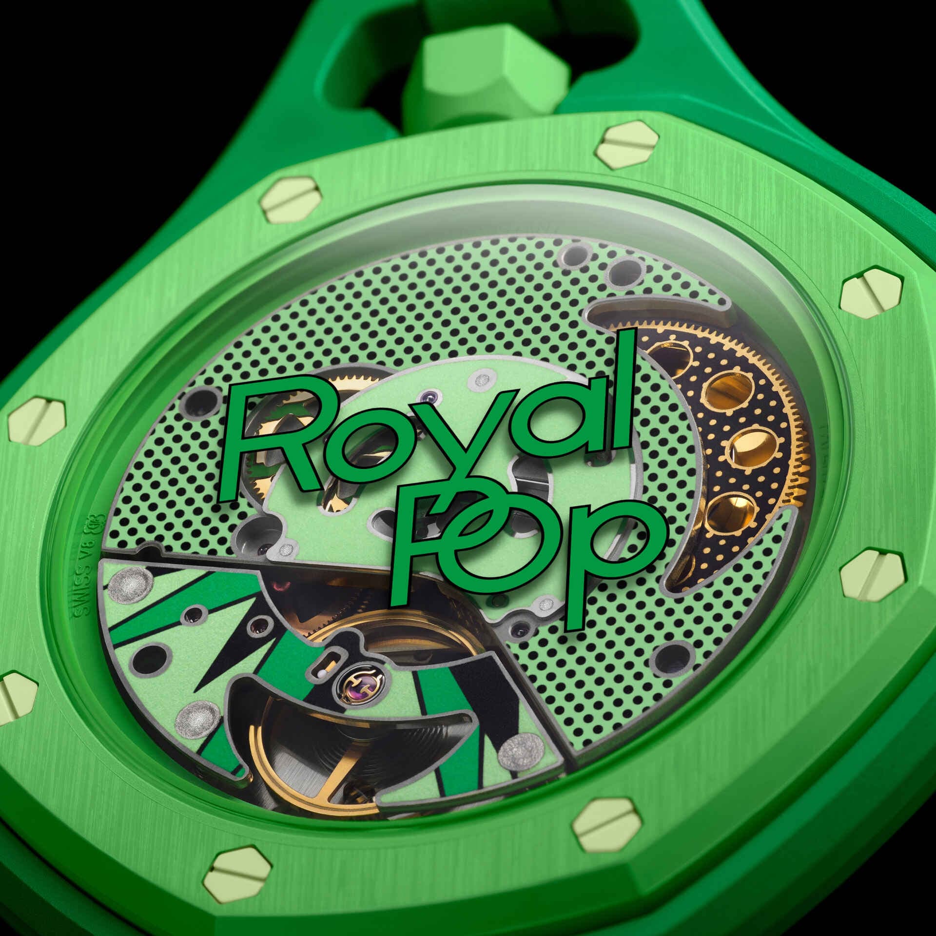 Détail lunette Royal Pop Green Eight — vis hexagonales vert foncé, lunette vert clair, inscription Royal Pop
