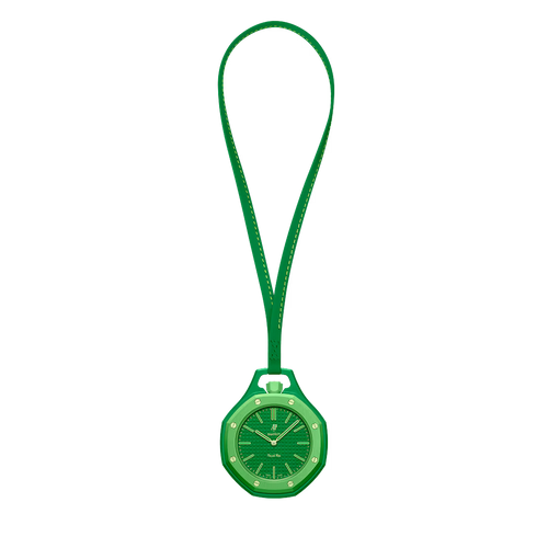 Montre de poche Royal Pop Green Eight vue de face — cadran Tapisserie vert, lunette octogonale vert clair, vis vert foncé, cordon cuir vert