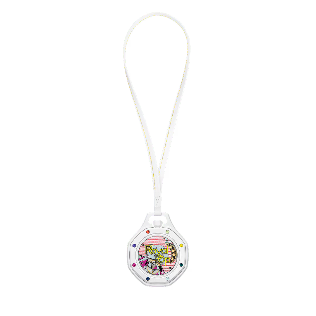 Royal Pop Huit Blanc vue arrière — fond saphir transparent, mouvement Sistem51 remontage manuel décoré Pop Art, cordon blanc surpiqûres jaunes