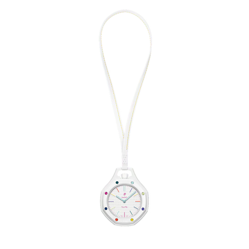 Montre de poche Royal Pop Huit Blanc vue de face — cadran Tapisserie blanc, lunette octogonale blanche, huit vis hexagonales multicolores, cordon cuir blanc