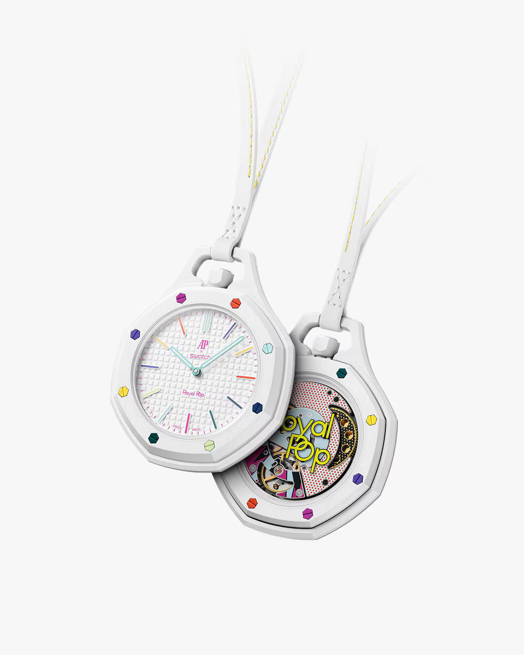 Royal Pop Huit Blanc Swatch x Audemars Piguet — vue face et dos, boîtier Bioceramic blanc, huit vis multicolores uniques, cadran Tapisserie blanc, cordon cuir blanc
