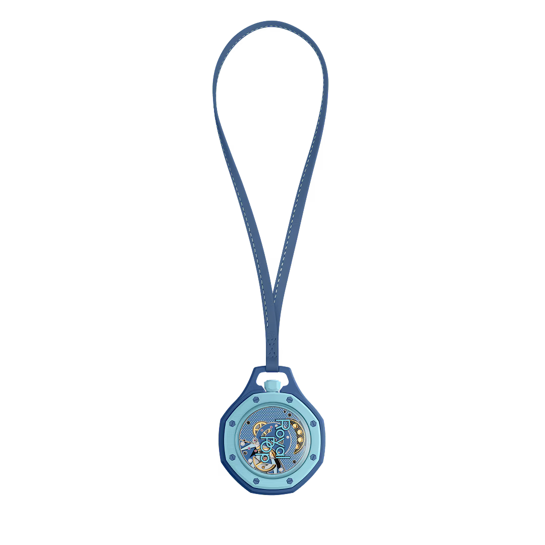 Royal Pop Làn Ba vue arrière — fond saphir transparent, mouvement Sistem51 trois aiguilles décoré Pop Art, indicateur réserve de marche, cordon bleu