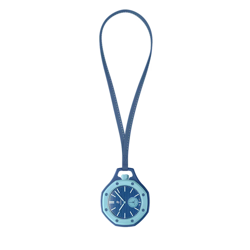 Montre de poche Savonnette Royal Pop Làn Ba vue de face — cadran Tapisserie bleu profond, sous-cadran petite seconde, lunette octogonale bleu clair, cordon cuir bleu