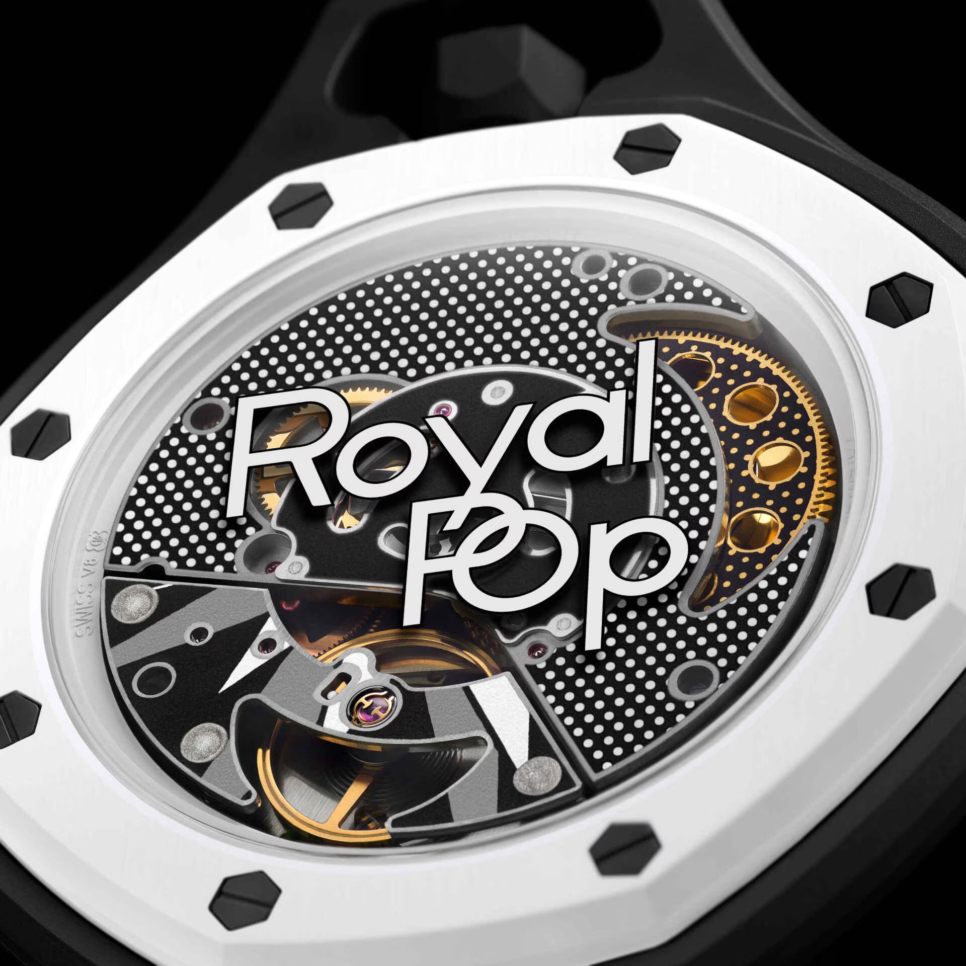 Détail lunette Royal Pop Ocho Negro — vis hexagonales noires, lunette blanche, inscription Royal Pop