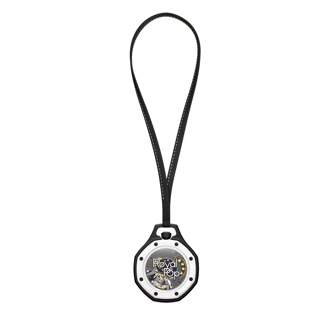 Royal Pop Ocho Negro vue arrière — fond saphir transparent, mouvement Sistem51 décoré Pop Art, cordon noir