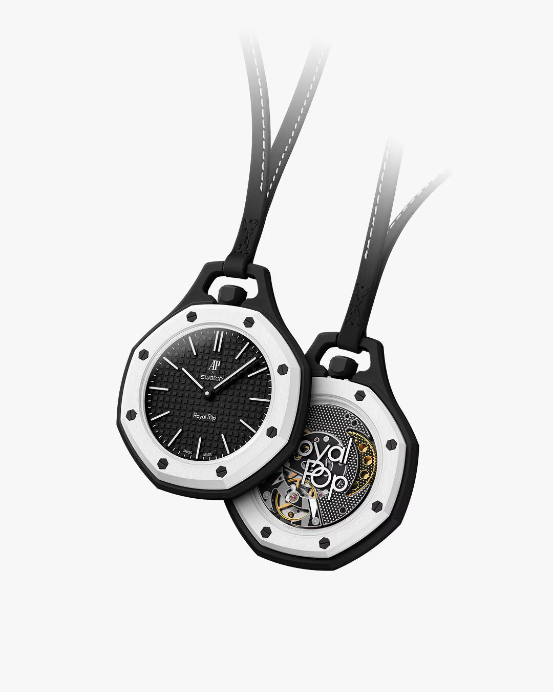 Royal Pop Ocho Negro Swatch x Audemars Piguet — vue face et dos, boîtier Bioceramic noir, lunette blanche, cadran Tapisserie noir, cordon cuir noir