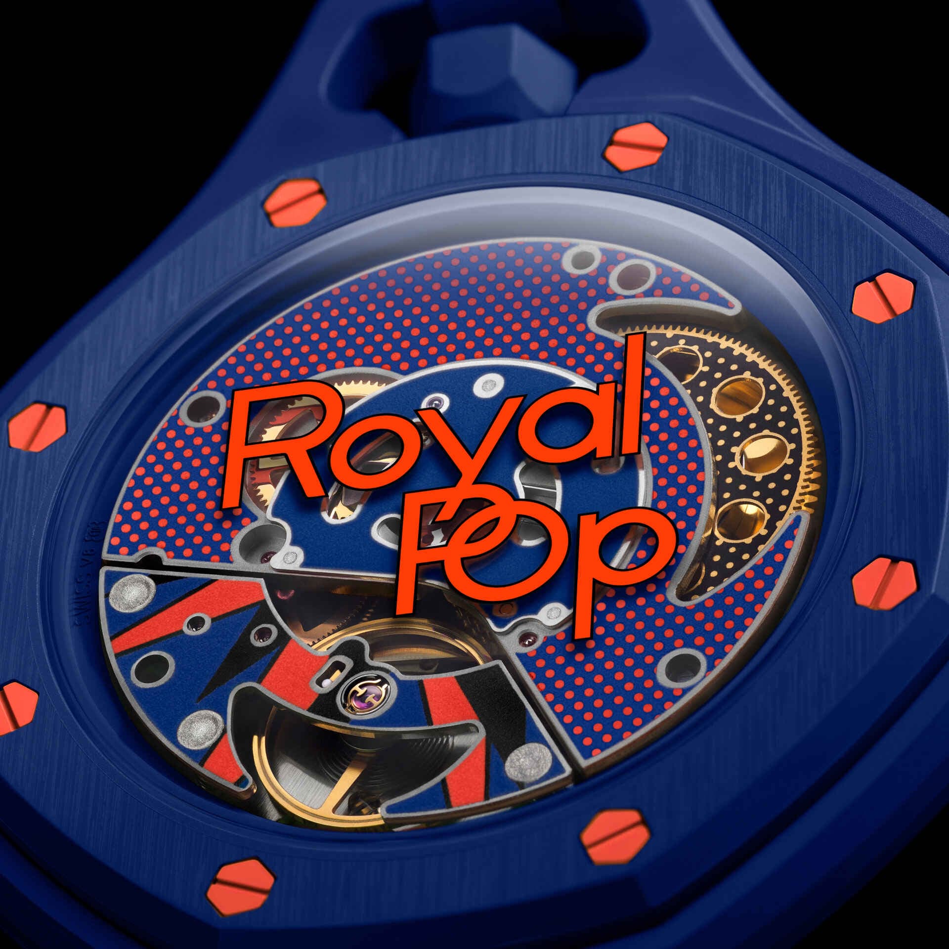 Détail lunette Royal Pop Orenji Hachi — huit vis hexagonales orange finition satinée verticale, lunette bleu marine, inscription Royal Pop, fond saphir décoré Pop Art
