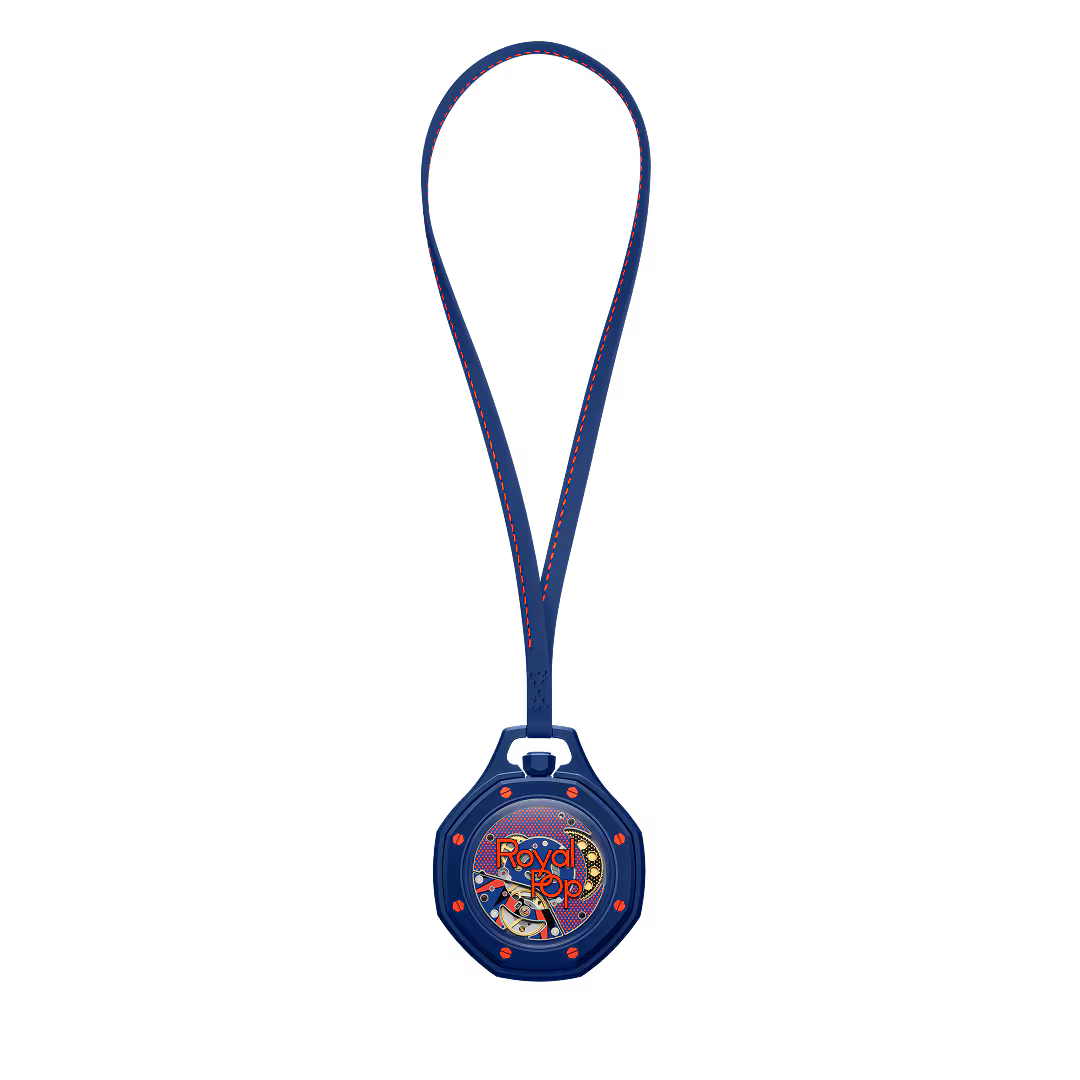 Royal Pop Orenji Hachi vue arrière — fond saphir transparent, mouvement Sistem51 remontage manuel décoré Pop Art, vis orange, cordon bleu marine surpiqûres orange