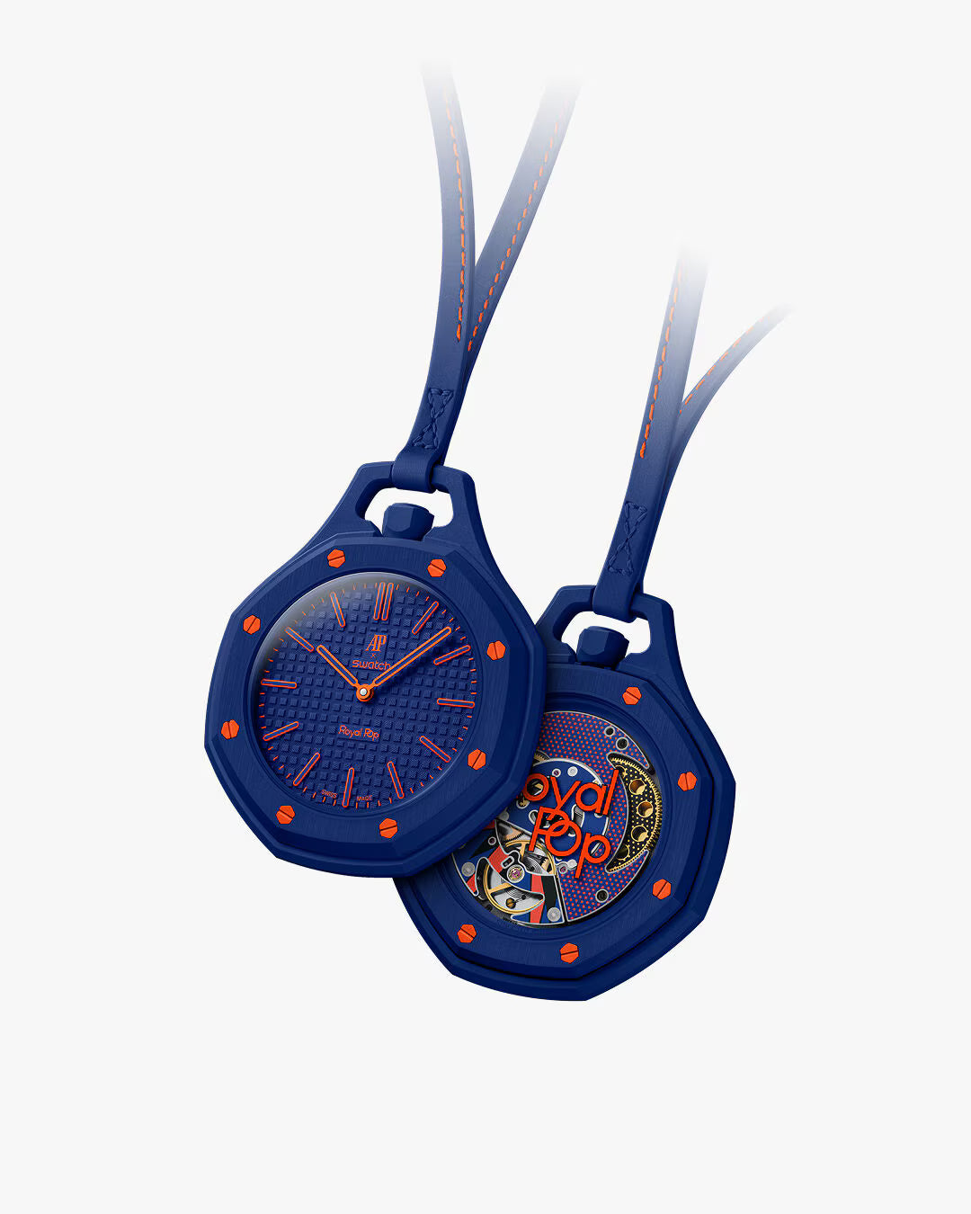 Royal Pop Orenji Hachi Swatch x Audemars Piguet — vue face et dos, boîtier Bioceramic bleu marine, vis orange, cadran Tapisserie bleu, fond saphir mouvement Pop Art, cordon cuir bleu marine