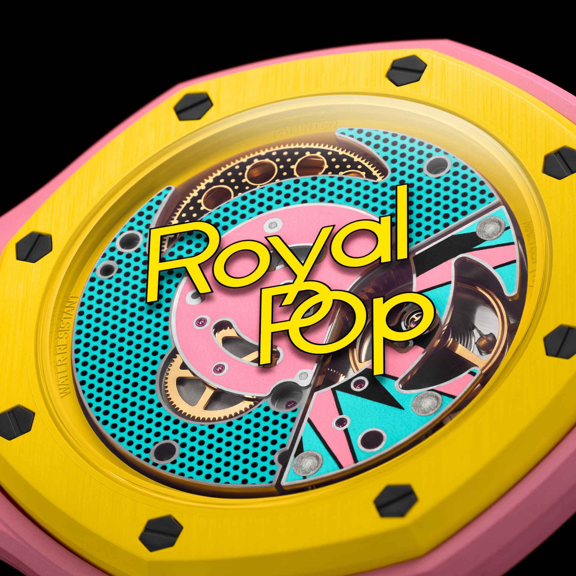 Détail lunette Royal Pop OTG ROZ — huit vis hexagonales noires finition satinée, lunette jaune, inscription Royal Pop, fond saphir décoré Pop Art