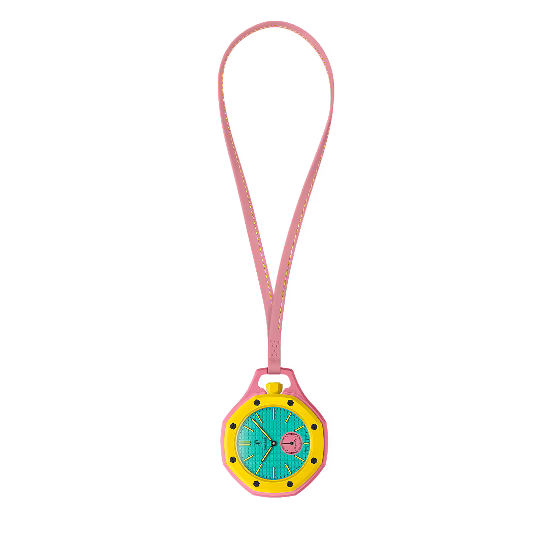 Montre de poche Savonnette Royal Pop OTG ROZ vue de face — cadran Tapisserie turquoise, sous-cadran petite seconde rose, lunette octogonale jaune, vis noires, cordon cuir rose