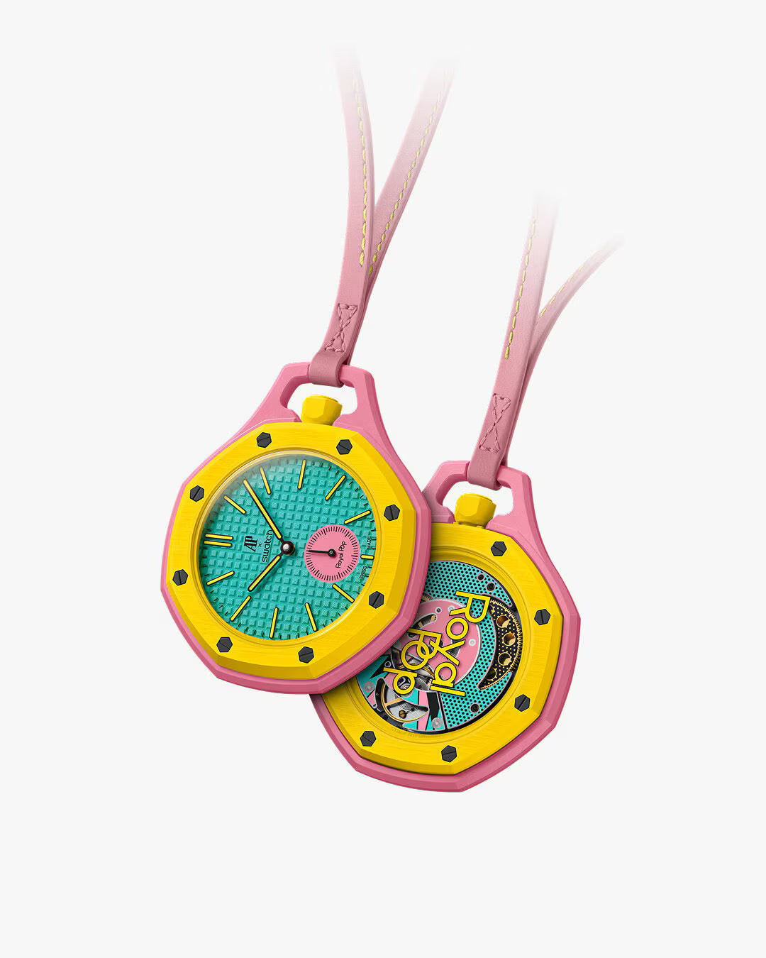 Royal Pop OTG ROZ Swatch x Audemars Piguet — vue face et dos, boîtier Bioceramic rose, lunette jaune, cadran turquoise Tapisserie, fond saphir mouvement Pop Art, cordon cuir rose