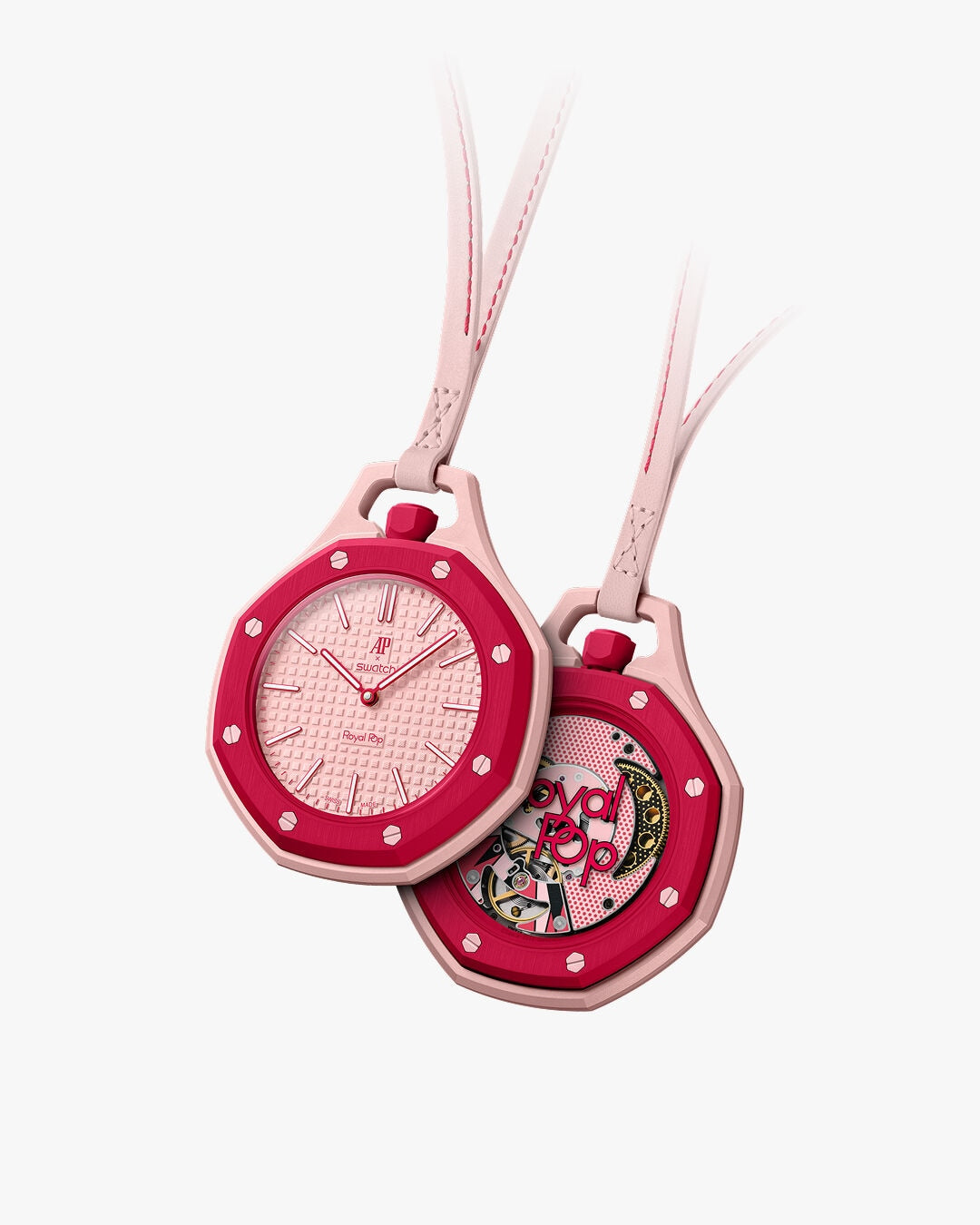 Royal Pop Otto Rosso Swatch x Audemars Piguet — vue face et dos, boîtier Bioceramic rose, lunette rouge cerise, fond saphir mouvement Pop Art, cordon cuir rose